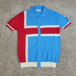 Oxknit Mens Large Red White Blue‎ Stretch Knit Button Up Short Sleeve